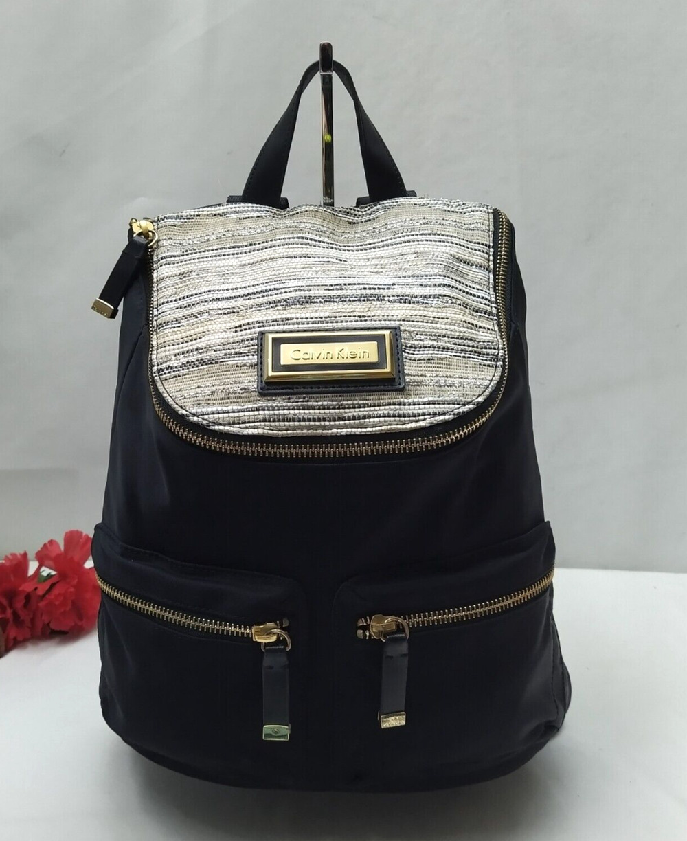 Calvin Klein Black Nylon Zipper Pockets Top Handles Backpack